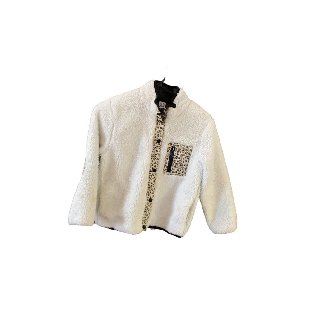 Te Verde Girls Size 7 8 Sherpa Coat Jacket Animal Print Trim White Button Up